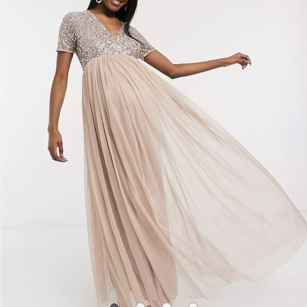 Maya Maternity Bridesmaid v neck maxi tulle dress with sequins